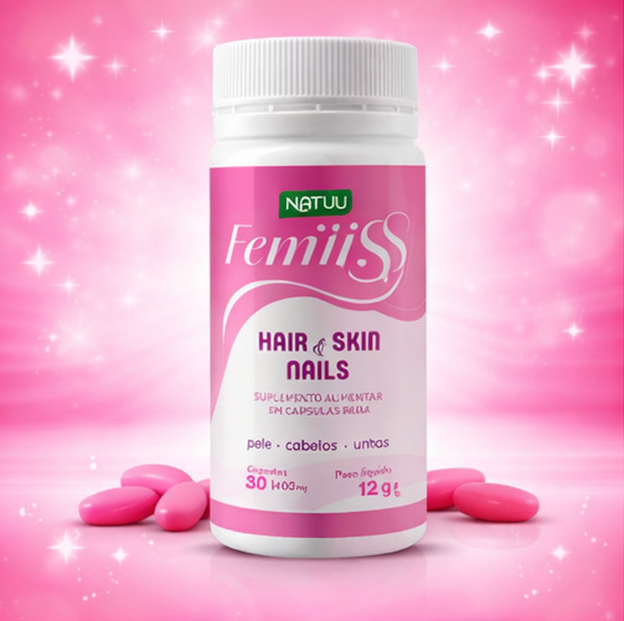 Cápsulas Femiliss dispostas com o pote em fundo rosa